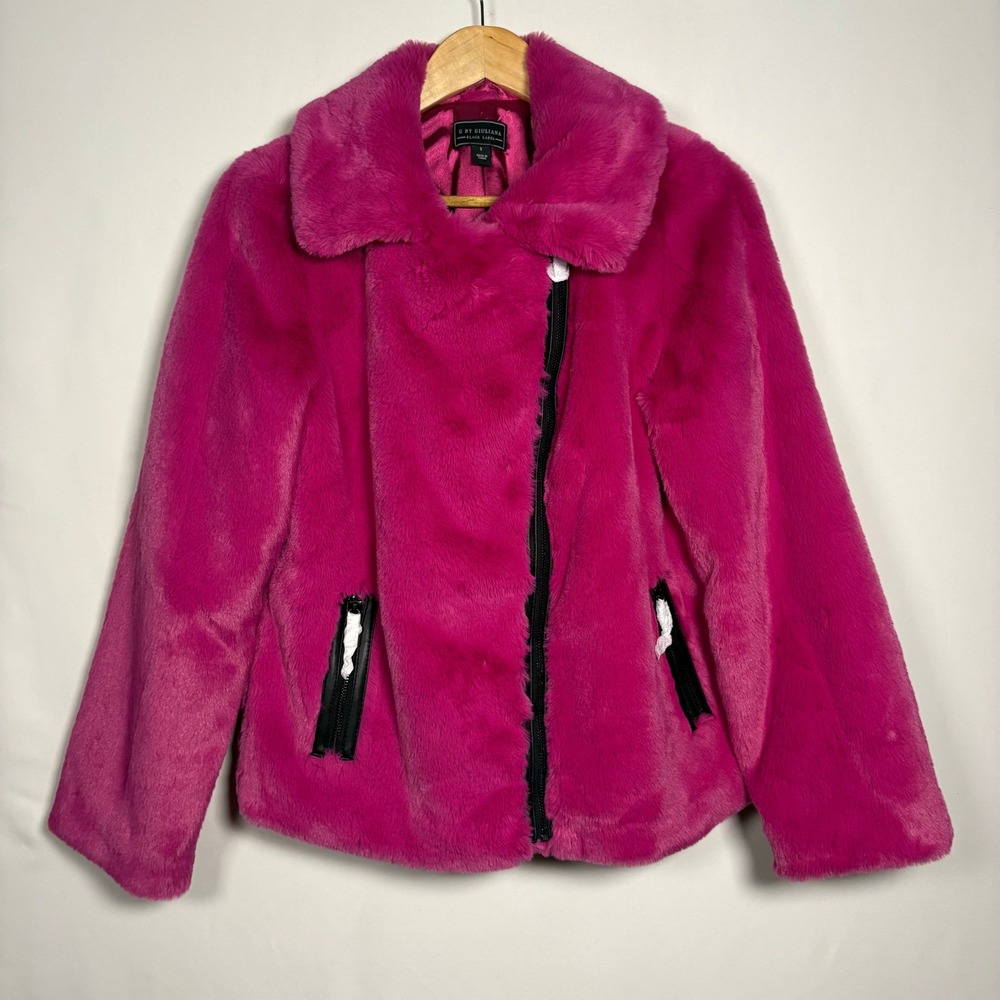 G by Giuliana Black Label Fuchsia Faux Fur Moto Jacket Small Pink Biker Zip Up